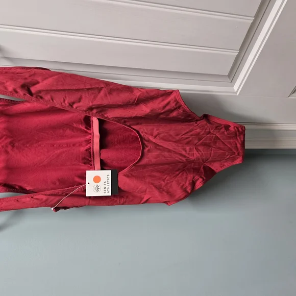 Senita Athletics Red One Piece Swimsuit with Scoop Neckline CALLOUT BELOW - Picture 2 of 4